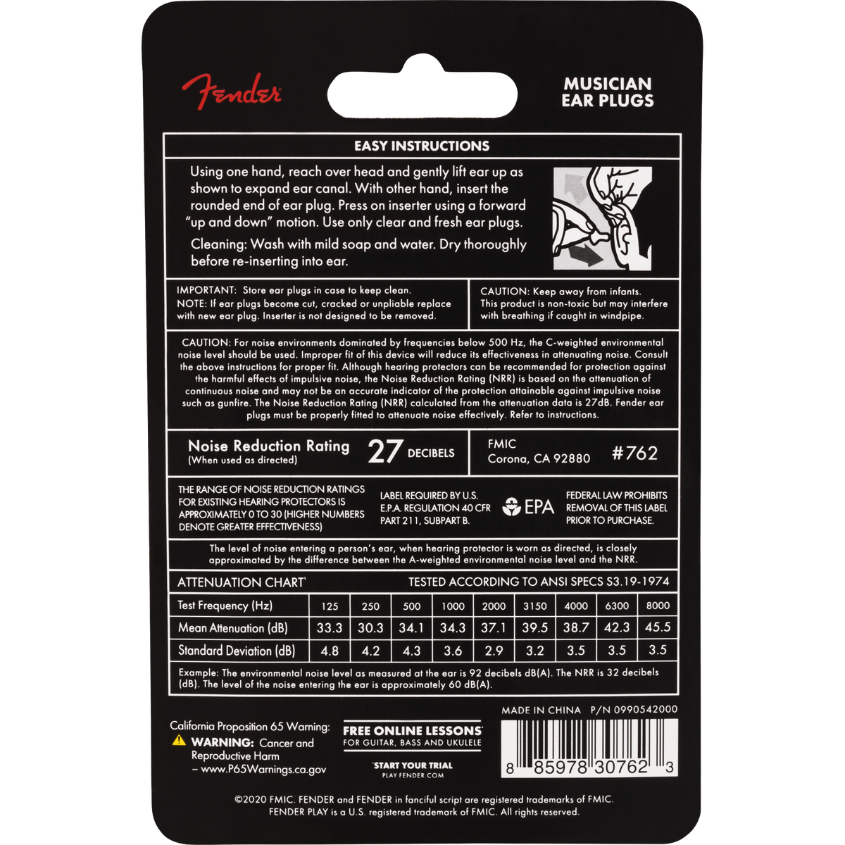 Fender Musician Series Black Earplugs Single Pair