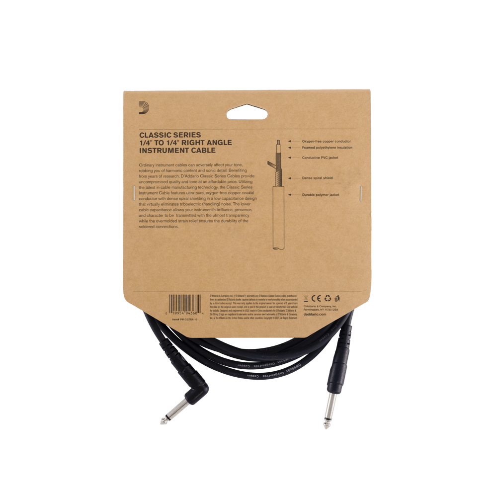 D'Addario Classic Series Instrument Cable with Straight to Right Angle - 10 Feet